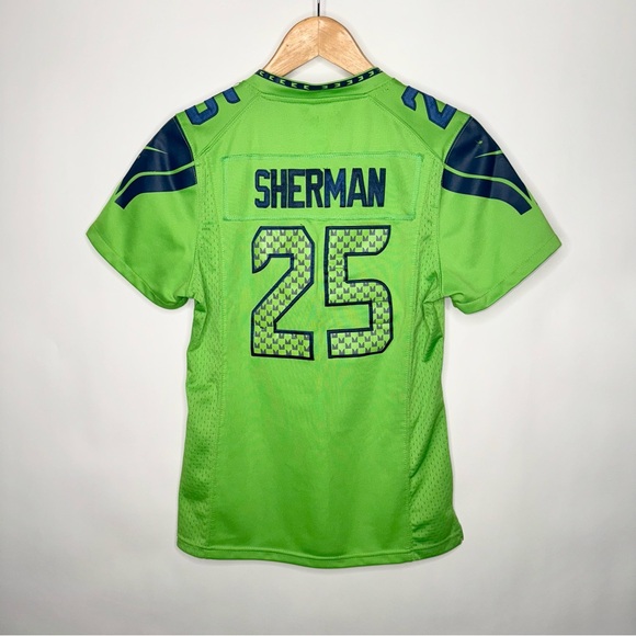 SHERMAN #25 NIKE NFL FOOTBALL JERSEY TOP SHIRT SIZE MEDIUM NEON GREEN NAVY - Picture 2 of 6